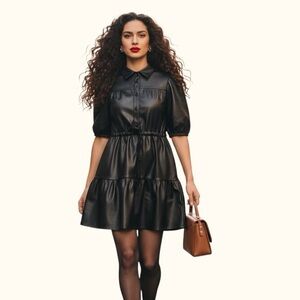 Cloth Black Faux Leather Tiered Mini Dress Button Front Puff Sleeve XS